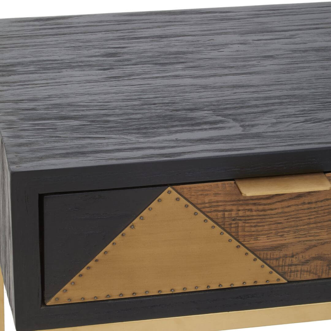 Modern Black & Gold Oak Console Table with Geometric Brass Panels