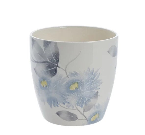 Elegant White & Blue Floral Planter - Ceramic Pot for Flowers