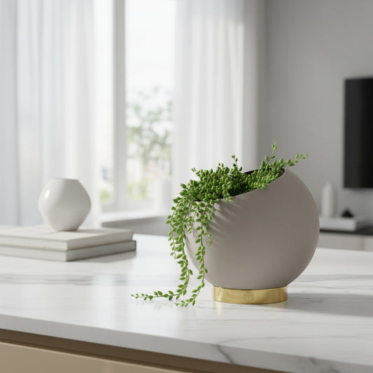 AYTM Taupe & Gold Globe Planter - Stylish Flower Pot for Indoor Plants