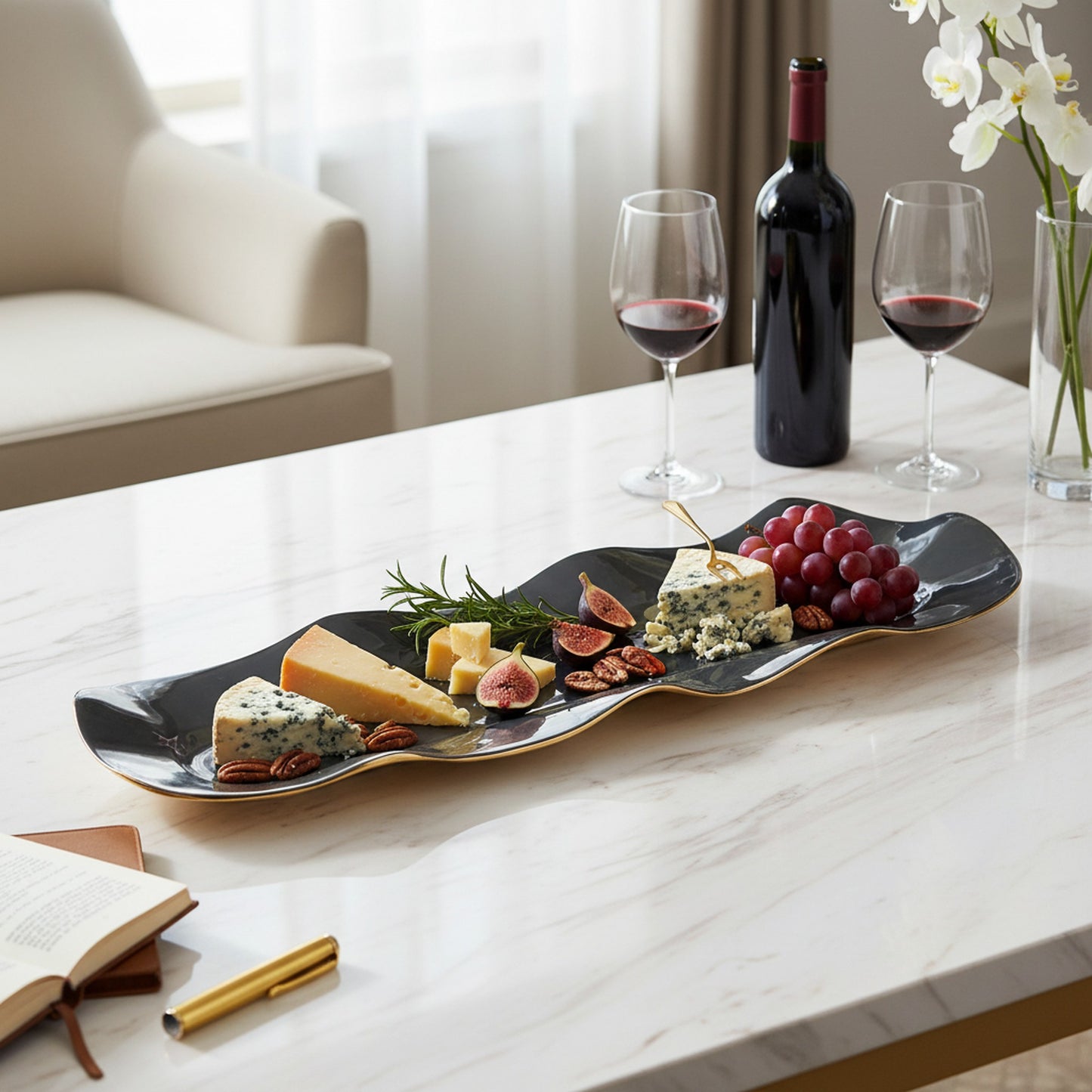 Nima Oberoi Black Ruffled Long Tray | Stylish Serving & Home Decor