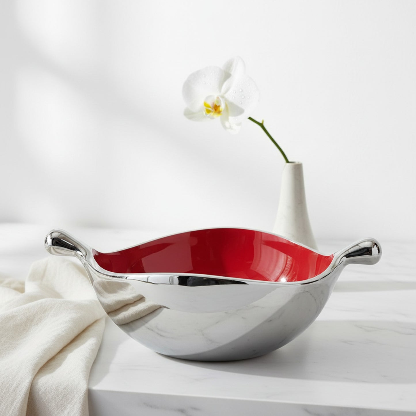 Nima Oberoi Silver Pod Dish with Crimson Interior - Elegant Decor