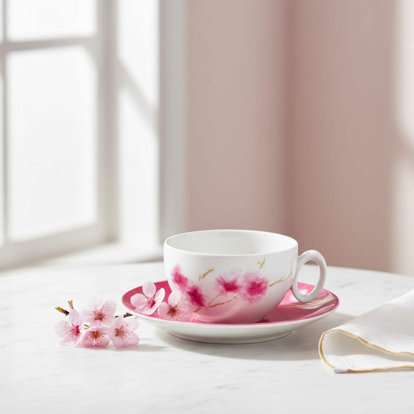 Vista Alegre Arigato Porcelain Tea Cup & Saucer - White & Pink Floral Design