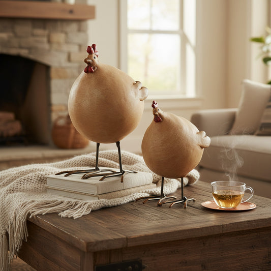 Easter Decor: Pair of Rustic Brown Rooster Ornaments for Spring