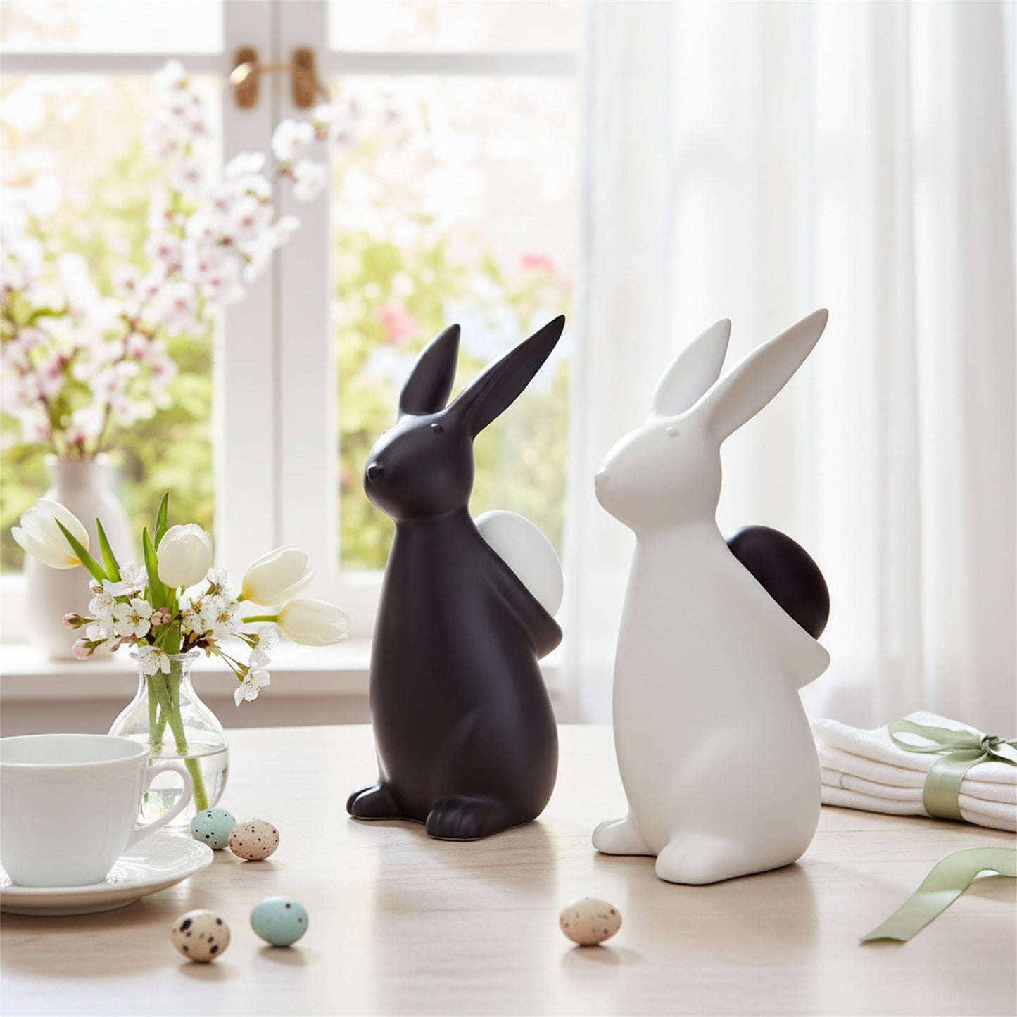 Charming Black & White Rabbit Duo with Easter Eggs - Set of Two