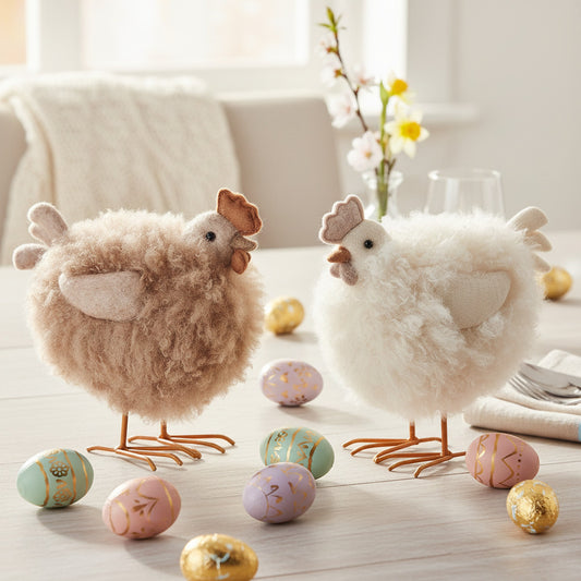 Easter Hen Ornaments Set in Brown & Beige - Rustic Spring Decor