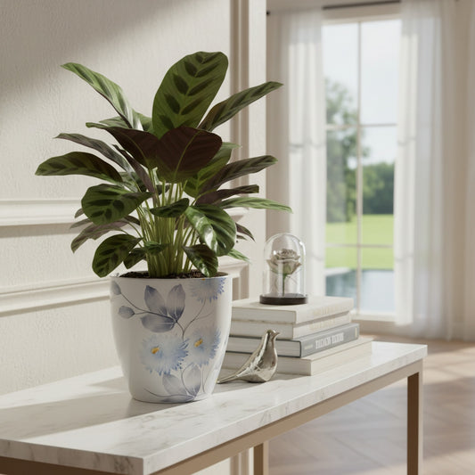 Elegant White & Blue Floral Planter - Ceramic Pot for Flowers