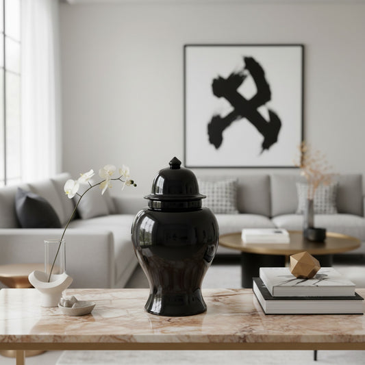 Minimalist Black Ceramic Temple Jar - Chic Home Decor Ornament