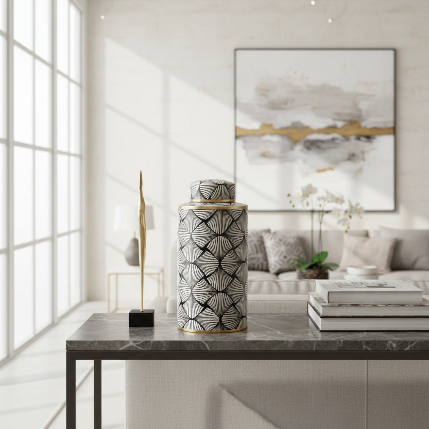 Stylish Black and Gold Porcelain Jar with Fan Design