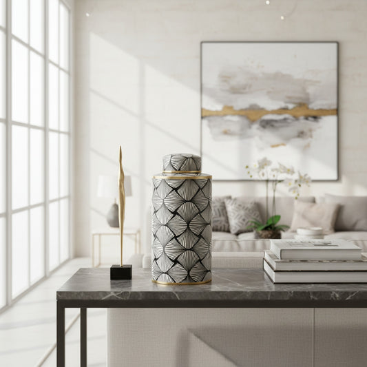 Stylish Black and Gold Porcelain Jar with Fan Design