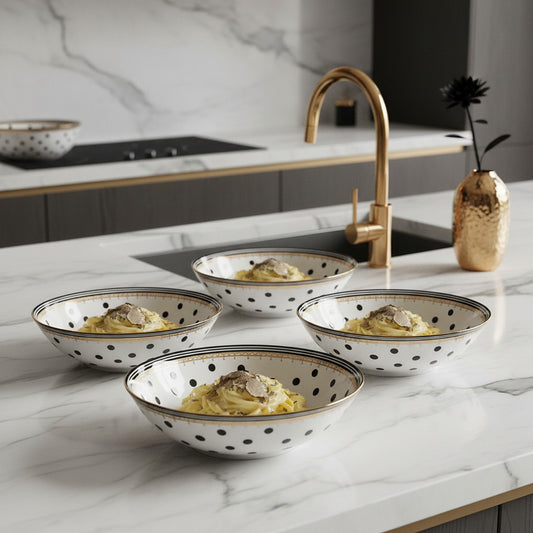 Chic Melli Mello Black and White Dotted Pasta Bowls with Gold Edging