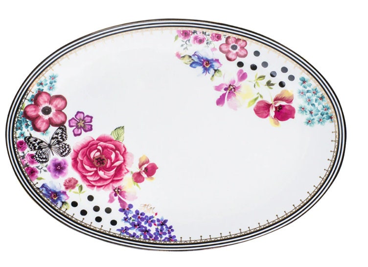 Melli Mello Flower & Polka Dots Porcelain Serving Platter with Gold Edging