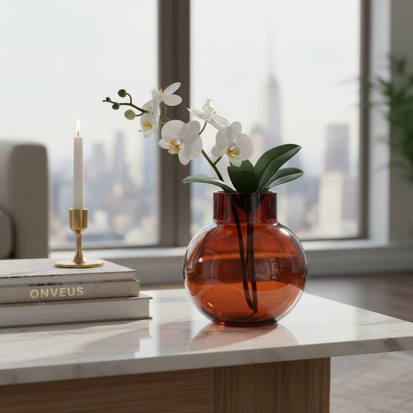 Medium Round Dark Amber Glass Vase - Elegant Home Decor