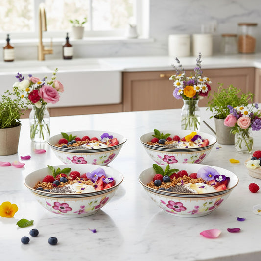 Chic Melli Mello Bowl: Floral & Polka Dot Design with Gold Trim