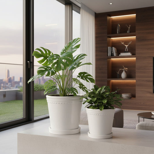 Chic Set of 2 Contemporary White Planters - Stylish Home Accent