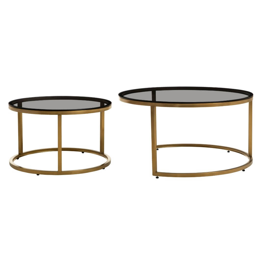 Elegant Set of 2 Gold-framed Round Nesting Coffee Tables with Glass Tops