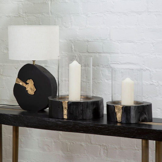 Elegant Black Wood Candle Holder with Gold Detail & Glass Insert