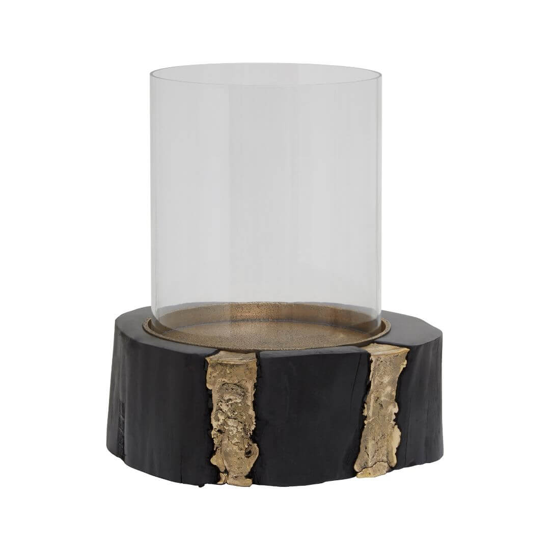 Chic Glass & Black Small Wood Candle Holder with Metallic Gold Detailing