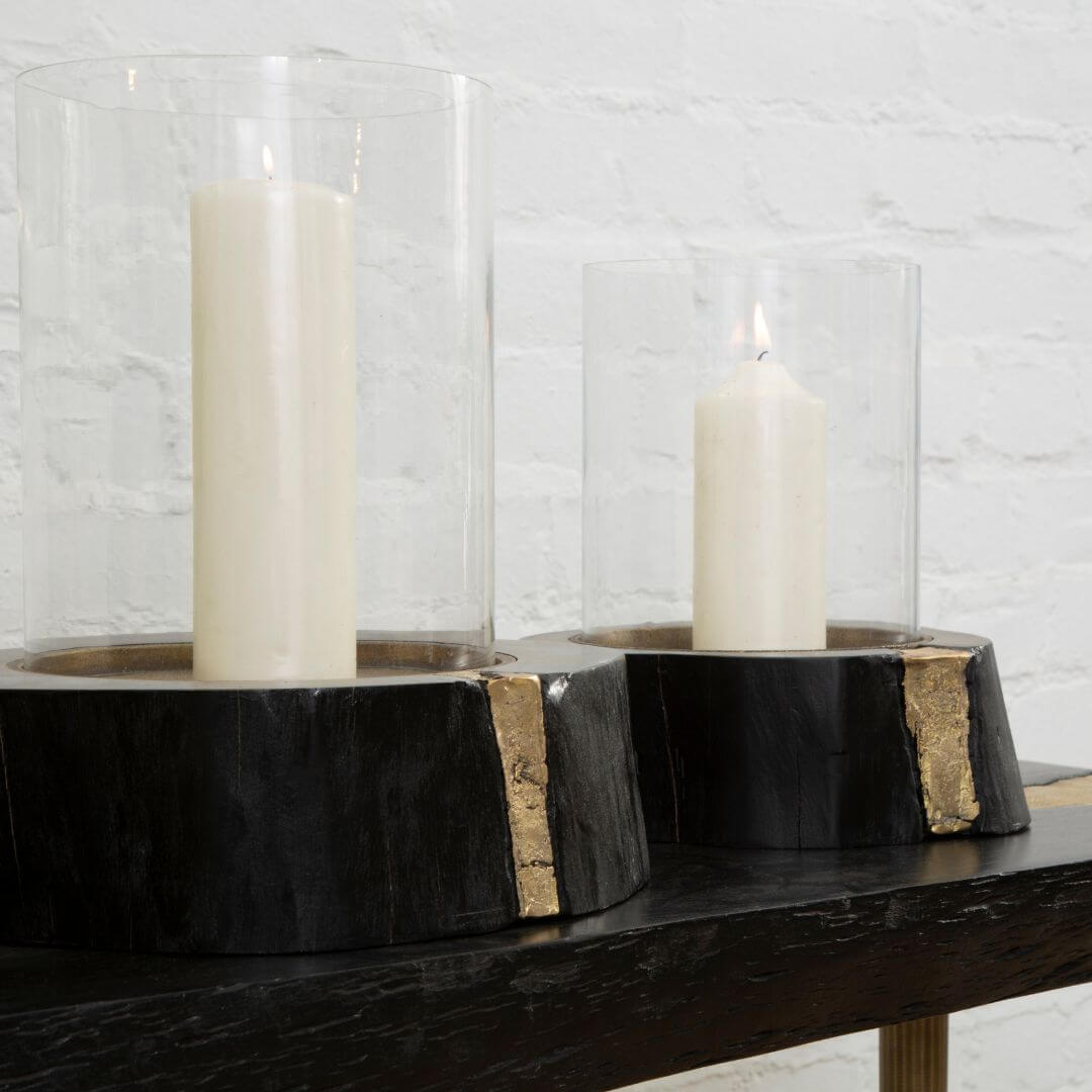 Elegant Black Wood Candle Holder with Gold Detail & Glass Insert