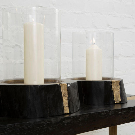 Chic Glass & Black Small Wood Candle Holder with Metallic Gold Detailing