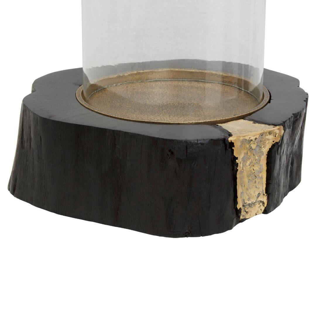 Elegant Black Wood Candle Holder with Gold Detail & Glass Insert