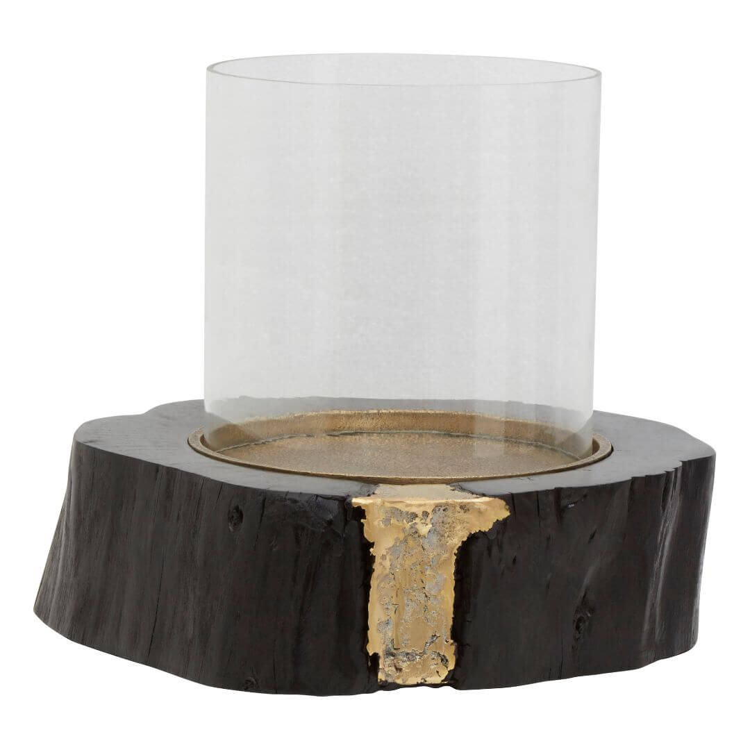 Elegant Black Wood Candle Holder with Gold Detail & Glass Insert