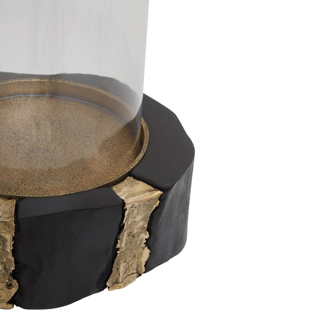 Chic Glass & Black Small Wood Candle Holder with Metallic Gold Detailing