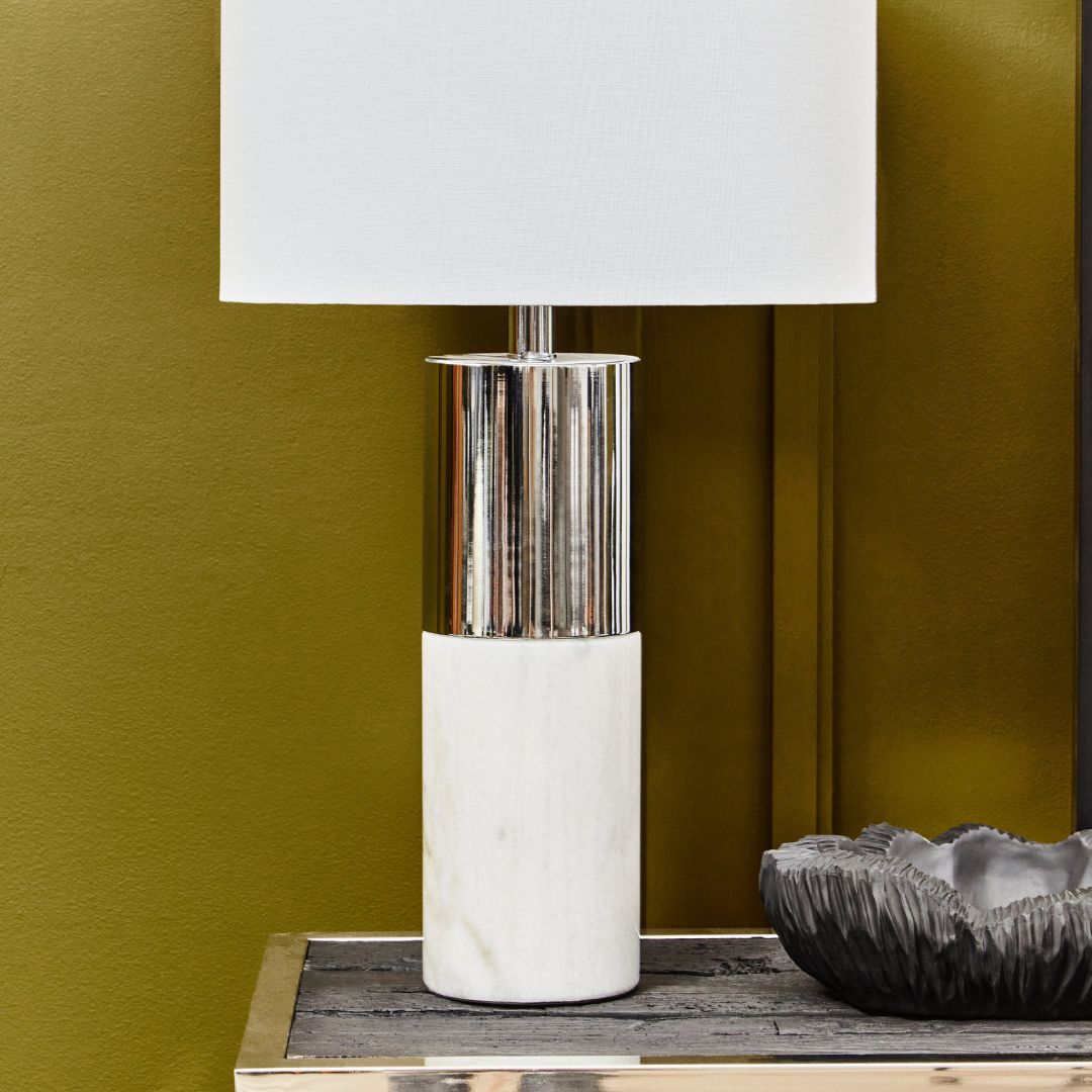 White Marble and Chrome Table Lamp - Elemental Modern Style