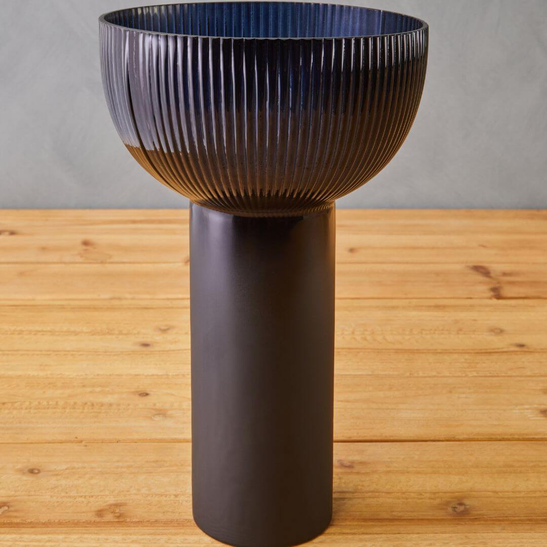 Chic Navy Blue Ribbed Glass Vase