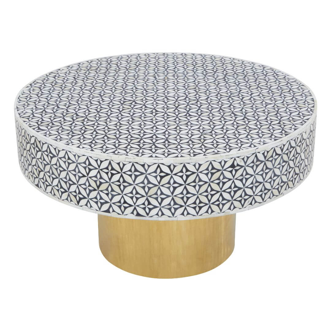 Elegant Round Coffee Table: Beautiful Bone Inlay & Glamorous Gold Finish