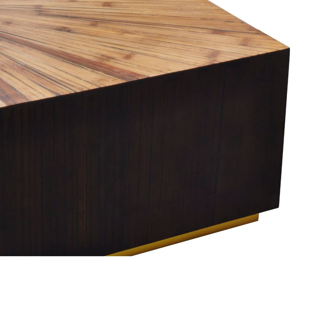 square bamboo coffee table with a contrasting gold tone base