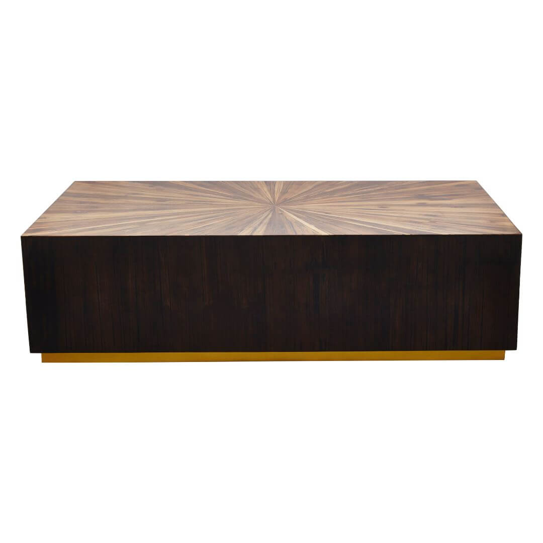 square bamboo coffee table with a contrasting gold tone base