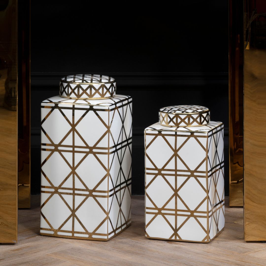 Glamorous White and Gold Geometric Ceramic Jar - Art Deco Inspired Design