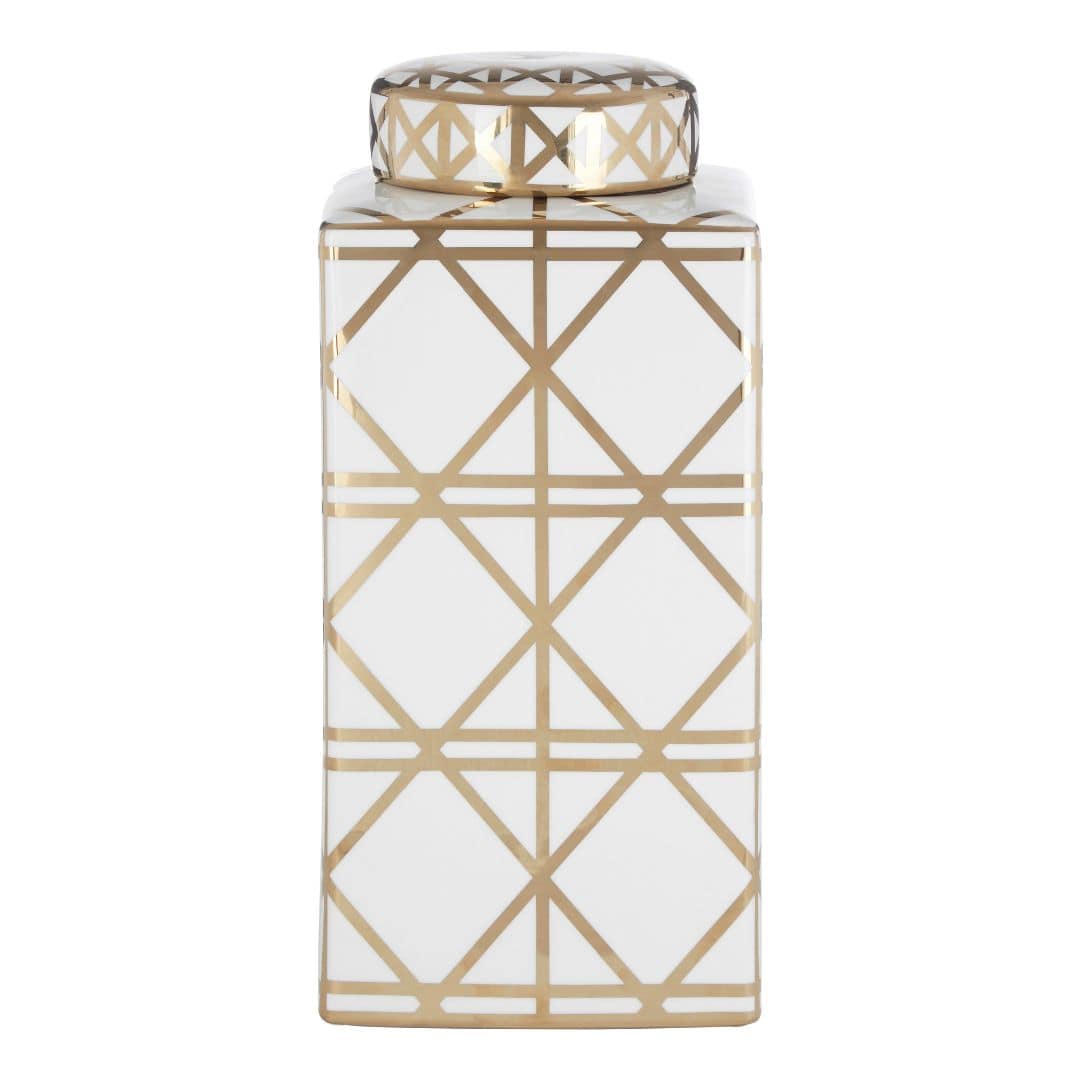 Glamorous White and Gold Geometric Ceramic Jar - Art Deco Inspired Design