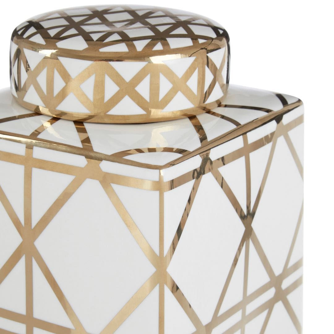 Glamorous White and Gold Geometric Ceramic Jar - Art Deco Inspired Design