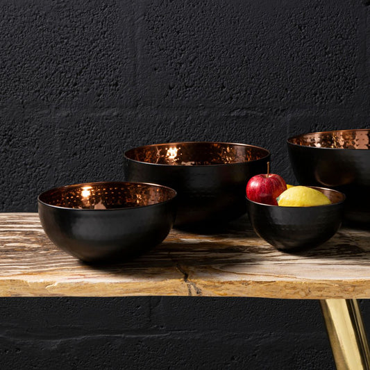 Matte Black and Copper Stainless Steel Bowl - Hammered Finish, Medium Size