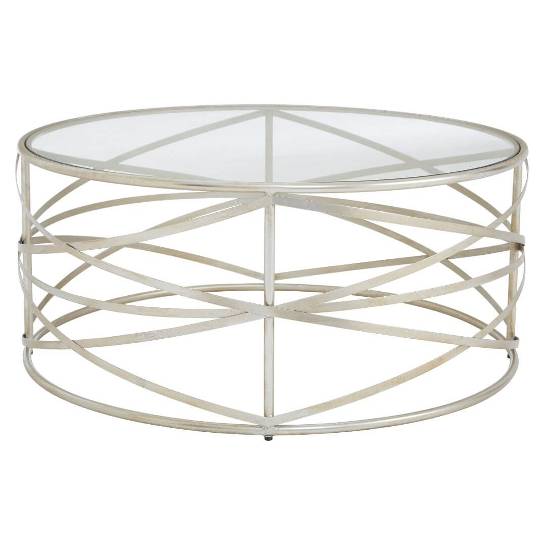 Modern Distressed Iron Coffee Table with Metallic Silver Finish & Glass Top