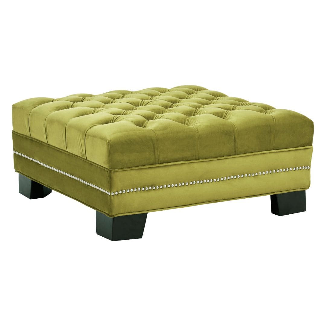 Moss Green Velvet Upholstered Footstool with Button Tufting