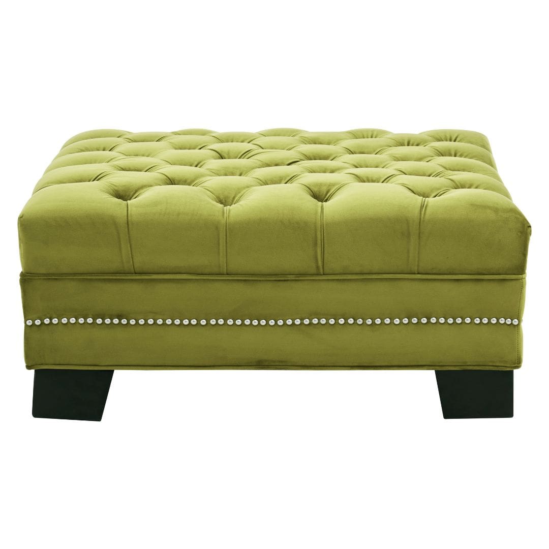 Moss Green Velvet Upholstered Footstool with Button Tufting