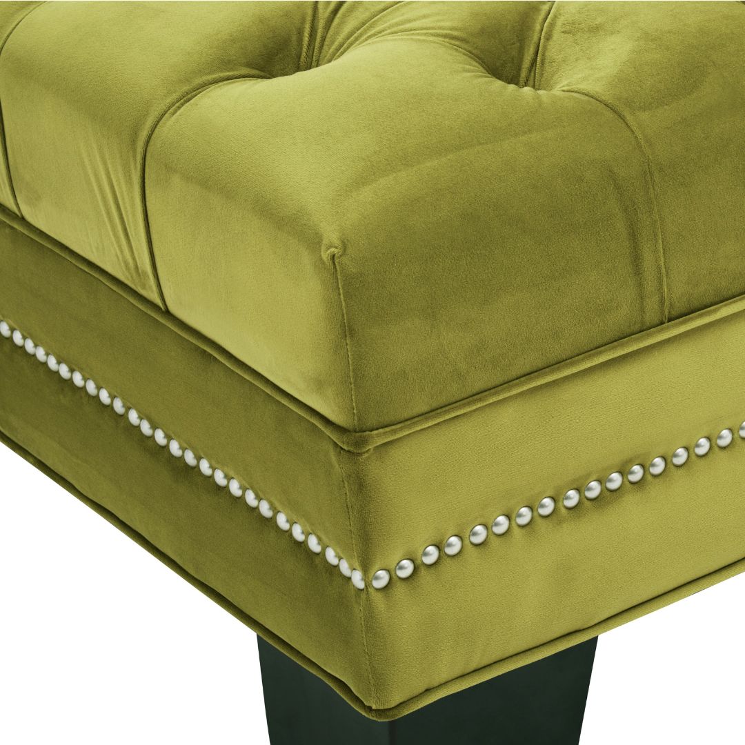 Moss Green Velvet Upholstered Footstool with Button Tufting