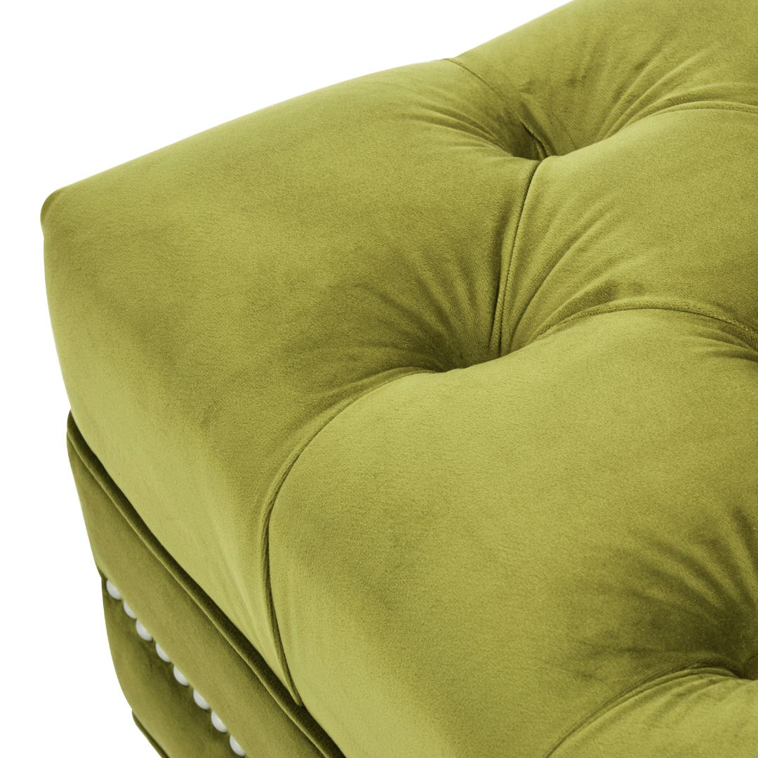 Moss Green Velvet Upholstered Footstool with Button Tufting