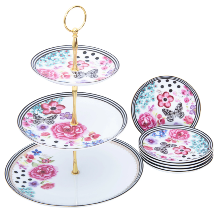 Melli Mellow Set of 4 Floral Cake Plates With Gold Edging