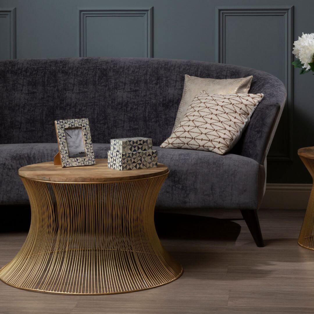 Stylish Symmetrical Iron Coffee Table - Gold Finish & Rustic Wood