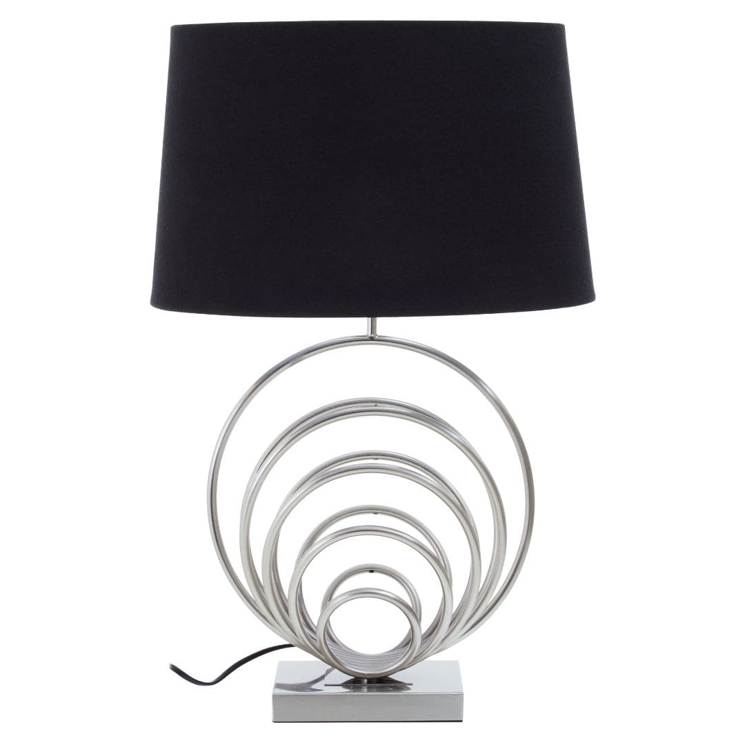 Sleek Chrome Circular Base Table Lamp with Black Linen Shade