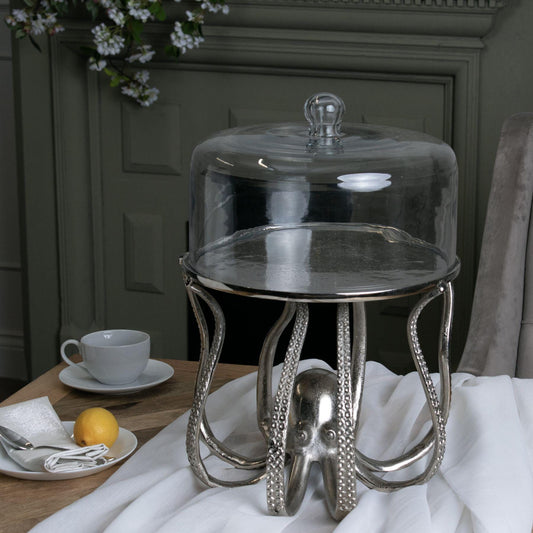 Elegant Silver Octopus Cloche - Large Cake Stand