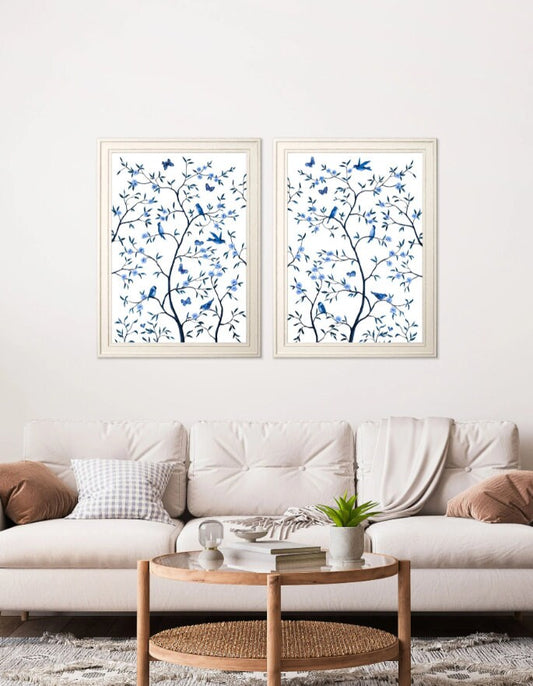 Nature Inspired Home Decor: Set of 2 Tree of Life Framed Pictures in Blue & White